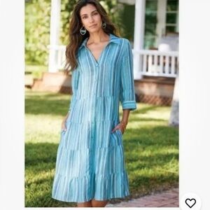 Soft Surroundings Linen Stripe Tiered Midi Dress SZ PM